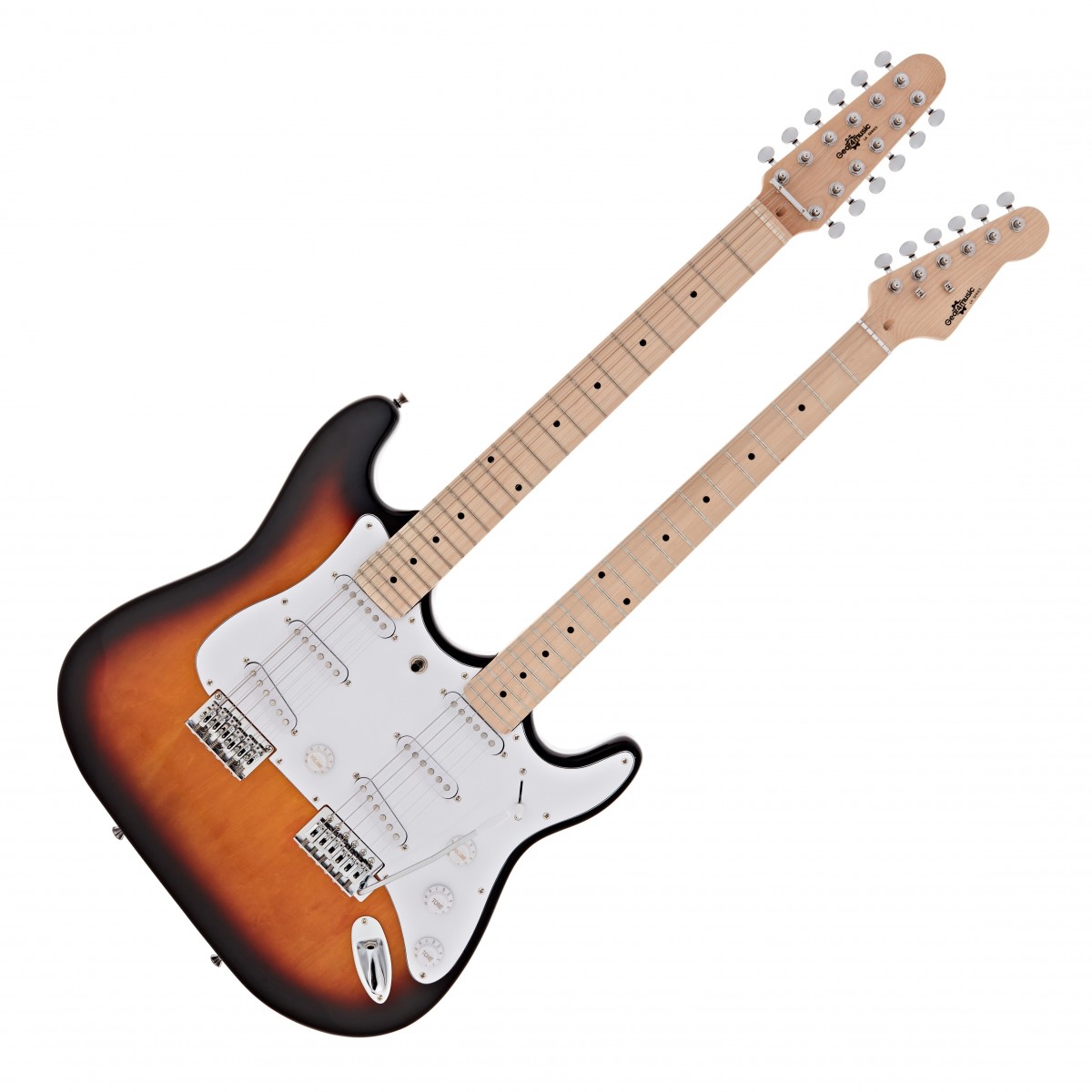 En bild på LA Dubbelhalsad Gitarr av Gear4Music Sunburst | LA Double Neck Guitar från Gear4music kombinerar det bästa från 12-strängade och 6-strängade gitarrer till ett enda fantastiskt instrument. Idealisk för spelare som vill sticka ut på scenen utmana sin teknik eller efterlikna sina hjältar denna sunburst färdiga LA ger en bekväm spelupplevelse till världen av dubbelhalsar.  Med en lättviktskropp i paulownia och ergonomiska halsar i lönn ger dubbelhalsade LA en unik möjlighet att experimentera med olika stämningar och ljud under en låt utan att behöva byta gitarr. Med oberoende volymkontroller för varje uppsättning pickuper och en trevägs selector-switch kan du välja att fokusera på en hals i taget eller använda båda för en sinnesförvirrande 18-strängad action!  LA-gitarrerna innehåller också de tillbehör du behöver för att verkligen få ut mesta möjliga av ditt instrument - en kabel för anslutning till en förstärkare rem väska och plektrum - vilket innebär att du är fullt utrustad från början.
