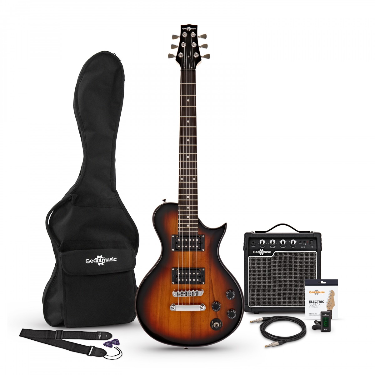 En bild på 3/4 New Jersey Classic Elgitarr + Förstärkarpaket Sunburst | 3/4 New Jersey Classic Elgitarr från Gear4music ger dig all den fantastiska rockton i den traditionella modellen men i en storlek som passar mer för yngre spelare och vuxna med mindre räckvidd. 3/4 New Jersey Classic Förstärkarpaket levereras med en 10 W förstärkare och en mängd andra tillbehör och ger allt du behöver för att transportera och ansluta din gitarr för lektioner repetitioner spelningar och jam-sessioner.