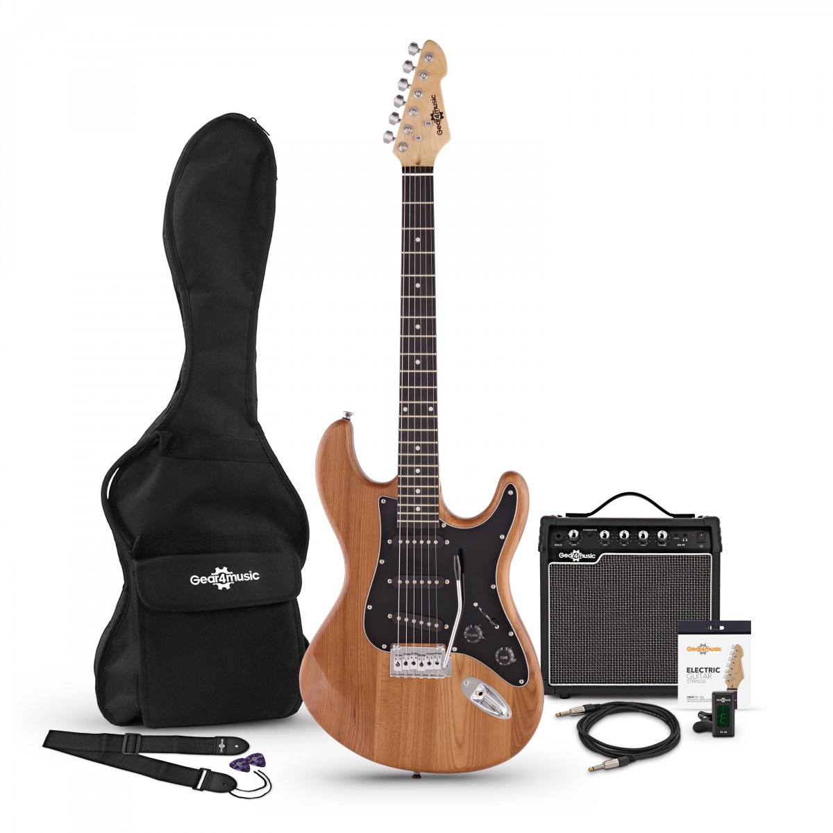En bild på LA Select Elgitarr SSS + Förstärkarpaket Natural | LA Select Elgitarr är ett nytt tillskott till den elektriska Gear4music erbjuder en mängd toner som passar för en mängd olika musikgenrer. LA Select har en solid askkropp SSS-pickup-konfiguration och attraktiv finish och är perfekt för gitarrspelare på alla nivåer. LA Select levereras med en gratis väska- och jackkabel och har allt du behöver för att transportera och ansluta din gitarr för lektioner repetitioner spelningar och jamsessioner. Inkluderat i detta paket är en gitarrförstärkare strängar och tuner.