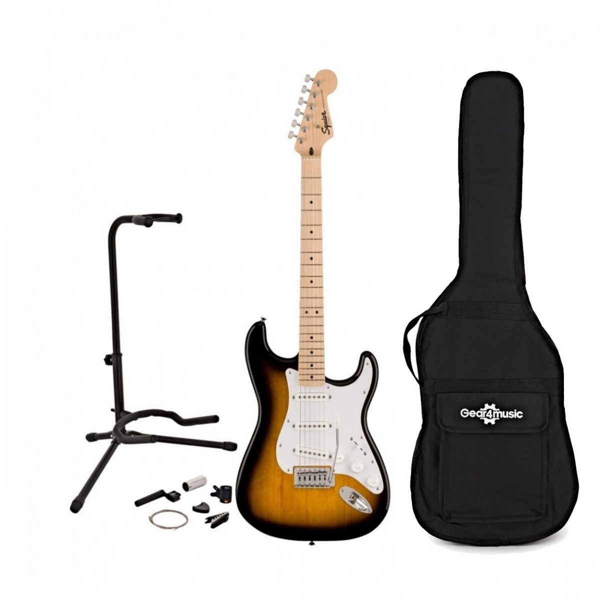 En bild på Squier Sonic Stratocaster 2-C Sunburst w/ Gig bag & Accesory pack | Squier Sonic Stratocaster MN är en utmärkt startpunkt för alla blivande musiker. Med den ikoniska Fender Stratocaster -designen spelbarheten och tonerna till ett nybörjarvänligt pris kommer den att sätta fart på ditt musikaliska äventyr! Tack vare de kristallklara tonerna från tre Squier -pickuper kan du prova en mängd olika genrer och hålla ditt spelande fräscht. Och på tal om att spela det kommer att kännas så mycket smidigare på Squier Sonics smala "C"-formade hals. Den är superskön att hålla i och perfekt för att bygga upp din teknik samtidigt som du undviker den fruktade handkrampen. Dessutom kan du lägga till extra uttryck till varje ton eller ackord genom tremolo-armen - den introducerar den klassiska skimrande effekten för att ge din musik extra rörelse och djup! Med Strat-hårdvara av hög kvalitet som stämskruvar med förseglade kugghjul och ett sexsadelat stall kan du fokusera mer på ditt spel och mindre på att stämma! Nå din fulla potential med Squier Sonic Stratocaster.