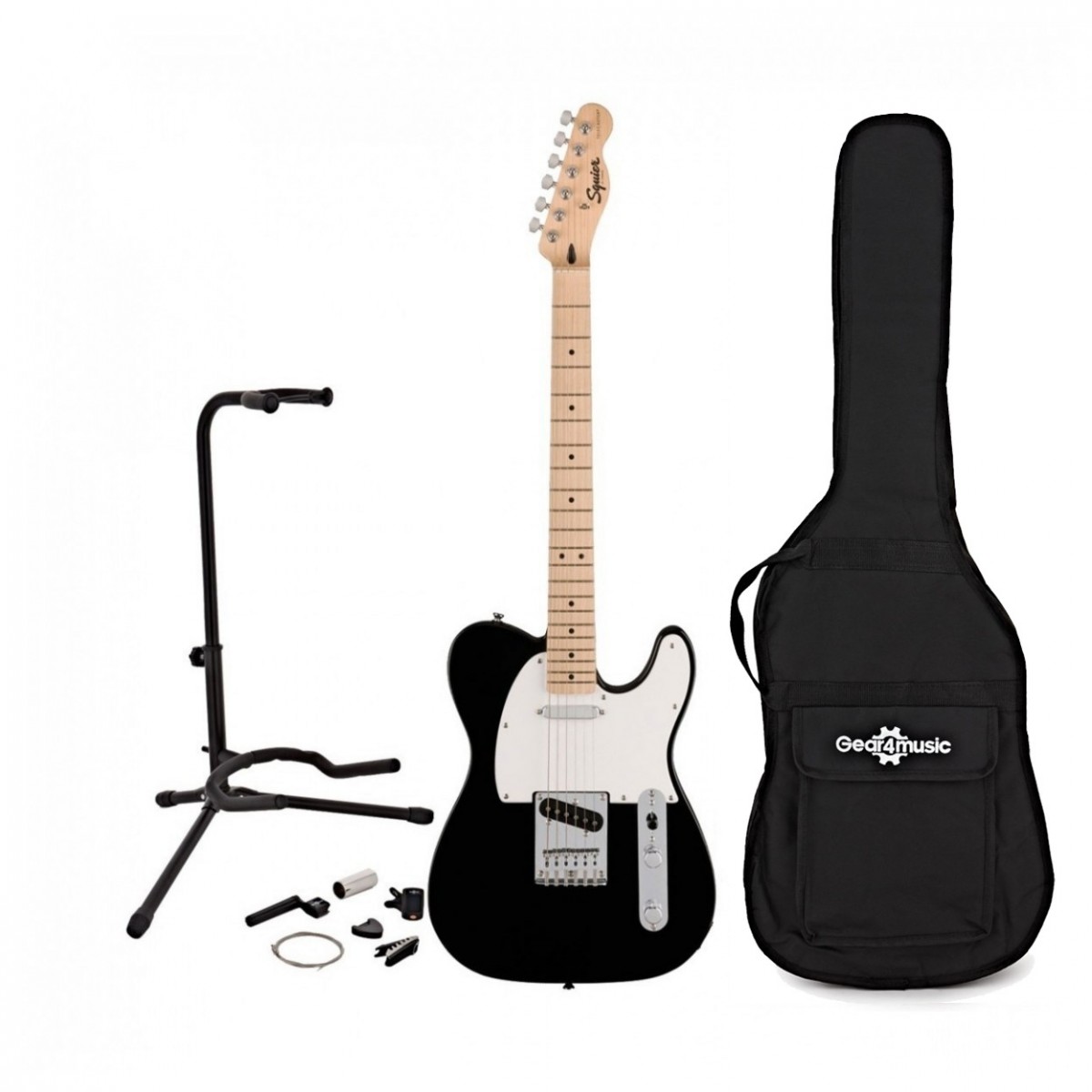 En bild på Squier Sonic Telecaster MN Black w/ Gig bag & Accesory pack | Squier Sonic Telecaster MN är den perfekta basen för att upptäcka ditt sound och släppa loss din kreativitet. Den här modellen erbjuder Fender:s ikoniska stil och ton i kombination med en smal C-formad hals och en lätt kropp för ultimat komfort när du uppträder. Rör dig fritt på scenen utan att känna dig nedtyngd på en plats. Och tack vare den extra greppbrädan i lönn har det aldrig känts så lyxigt att spela fretta och spela solo. För en optimal spelupplevelse är denna Telecaster utrustad med ett par keramiska enstaka-coil pickuper som erbjuder en ljus och twangy stall kompletterad med en varm och mjuk hals. I kombination ger dessa elektronikelement det perfekta omfånget för att du enkelt ska kunna plocka strumpa och spela på shred. Alla dina toner kommer att bevaras perfekt medan du spelar tack vare 6-sadel hardtail-stalln. Tillförlitlig intonation och exakt stämning. Fånga strålkastarljuset med Squier Sonic Telecaster.