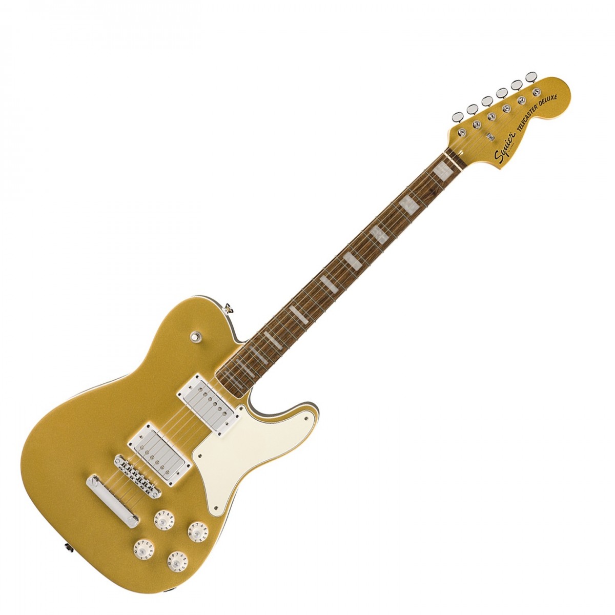 En bild på Squier Limited Edition Paranormal Troublemaker Telecaster Deluxe Laurel Fingerboard Aztec Gold | Squier Limited Edition Paranormal Troublemaker Telecaster Deluxe är perfekt för gitarrister som söker ett djärvt och mångsidigt instrument. Denna modell har dubbla Fender-designade alnico humbucking-pickuper med push/pull-kontroller för coil-splitting vilket ger ett brett utbud av toner. Den eleganta designen inkluderar en bunden kropp och greppbräda pärlemorblockinlägg och en matchande målad huvuddocka. Med en fullt justerbar stall och en slimmad C-formad hals med glansig finish ger denna Telecaster Deluxe ger en bekväm och pålitlig spelupplevelse.