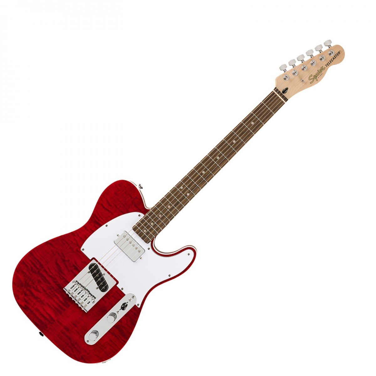 En bild på Squier Affinity Series Telecaster FMT SH Laurel Fingerboard Crimson Red Transparent | Serien Squier Affinity Series Telecaster FMT SH i Crimson Red Transparent är en slående gitarr som erbjuder legendarisk Fender design och ton perfekt för blivande gitarrister. Med en tunn och lätt kropp med en fantastisk flame lönntopp är denna Telecaster både bekväm och visuellt tilltalande. Den slimmade C-formade halsprofilen ger en bekväm spelupplevelse medan string-through-body-stolen förbättrar resonansen och sustainen i kroppen. Utrustad med en Squier enstaka-coil-axelbandickup och en humbuckinghalspickup ger den här gitarren ett mångsidigt utbud av toner som passar för olika musikgenrer. De förseglade stämskruvarna i gjutgods med delade axlar ger en jämn och exakt stämning och är lätta att stämma om.