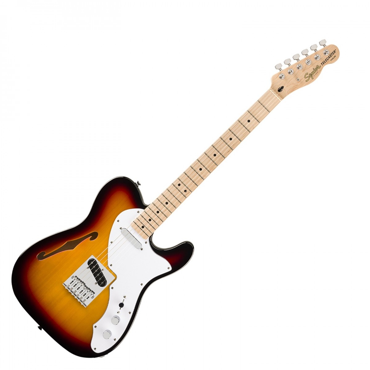 En bild på Squier Affinity Series Telecaster Thinline Maple Fingerboard White Pickguard 3-Color Sunburst | Serien Squier Affinity serien Telecaster Thinline är en utmärkt instegsmodell i den ikoniska Fender -familjen perfekt för blivande gitarrister. Denna Telecaster har en tunn och lätt kammad kropp vilket gör den lätt att hantera och bekväm att spela på. Den slimmade C-formade halsprofilen ger ett bekvämt grepp medan string-through-body-stalln förbättrar resonansen och sustainen i kroppen. Utrustad med dubbla Squier enstaka-coil Tele-pickuper och ett 3-vägs switchsystem erbjuder denna gitarr ett mångsidigt utbud av toner som passar för olika musikaliska genrer. De förseglade stämskruvarna i gjutgods med delade axlar ger en jämn och exakt stämning och är lätta att stämma om.