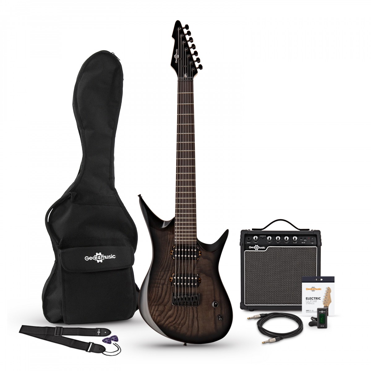 En bild på Harlem 7 Elgitarr + 15W FörstärkarpaketTrans Svart | För en extrem överkomlighet i pris är Harlem 7 elgitarr från Gear4music den perfekta lösningen för blivande rock- och metallgitarrister. Som en del av ett exklusivt och oöverträffat erbjudande får ägaren av detta kompletta paket produkter till ett värde långt bortom prislappen.